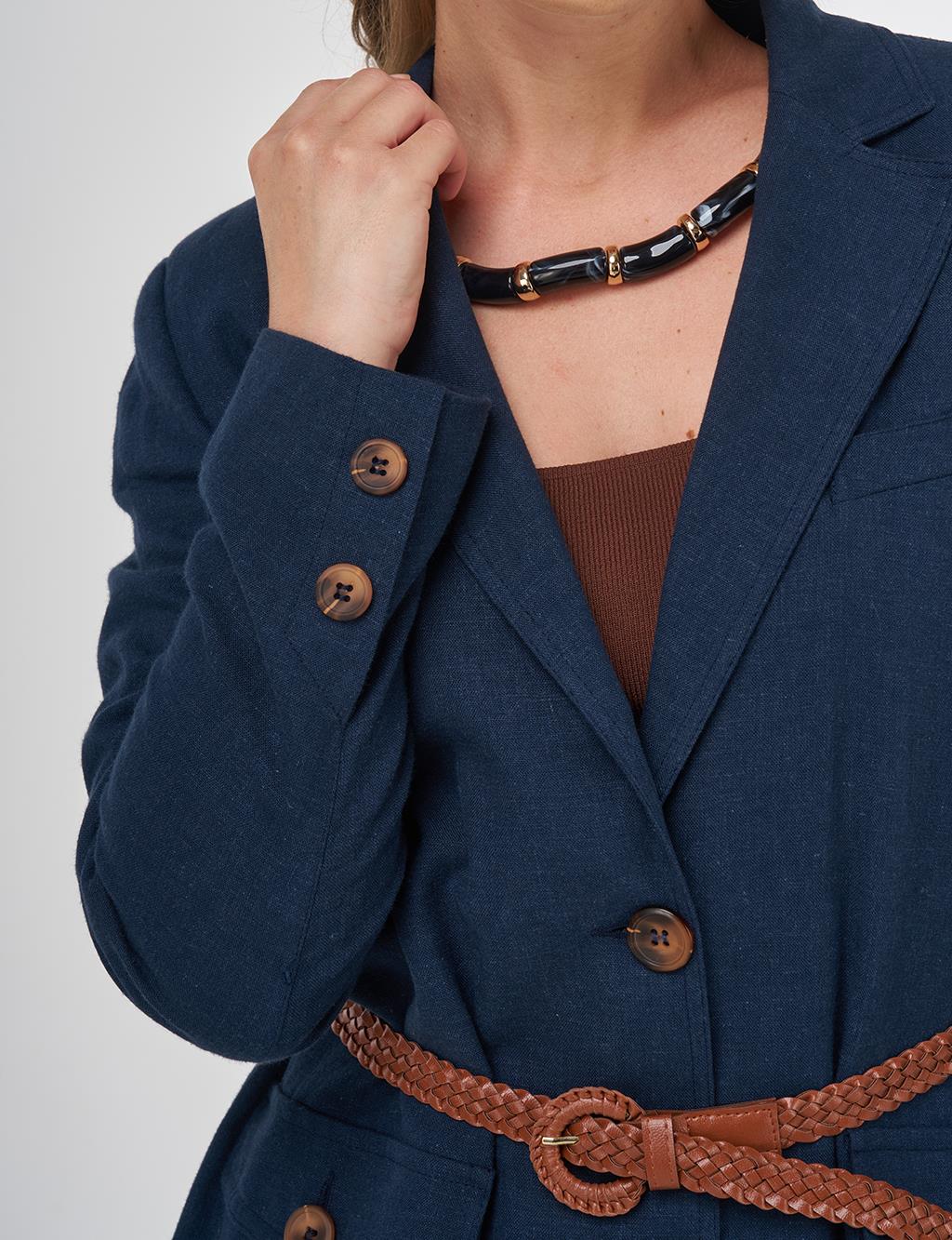 Pocket Detailed Linen-Viscose Two-Piece Set Dark Navy