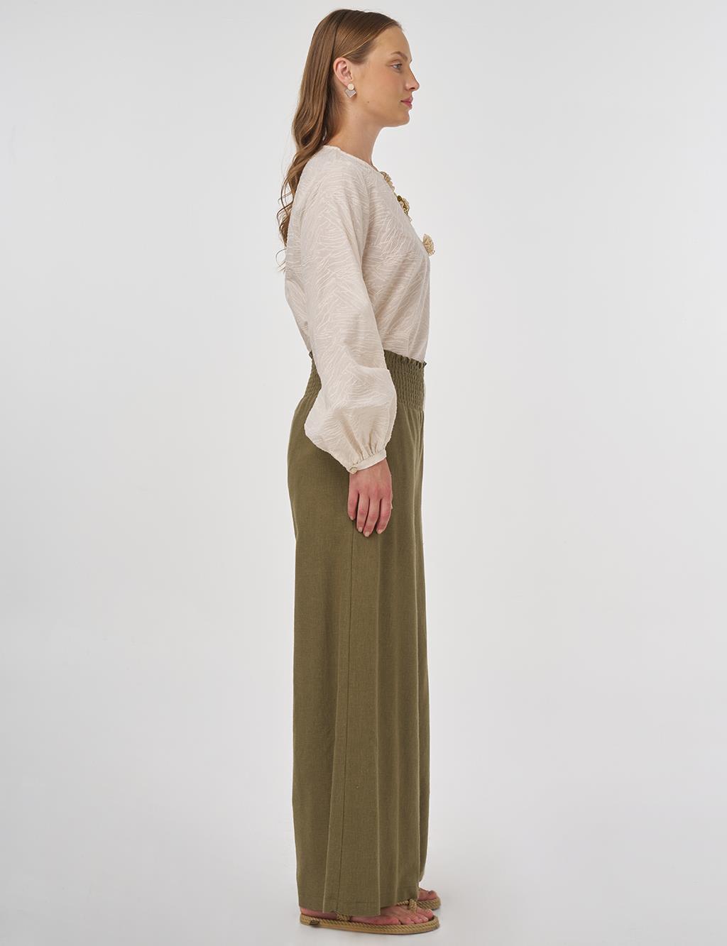 Smocked Stitch Linen-Viscose Pants Khaki 