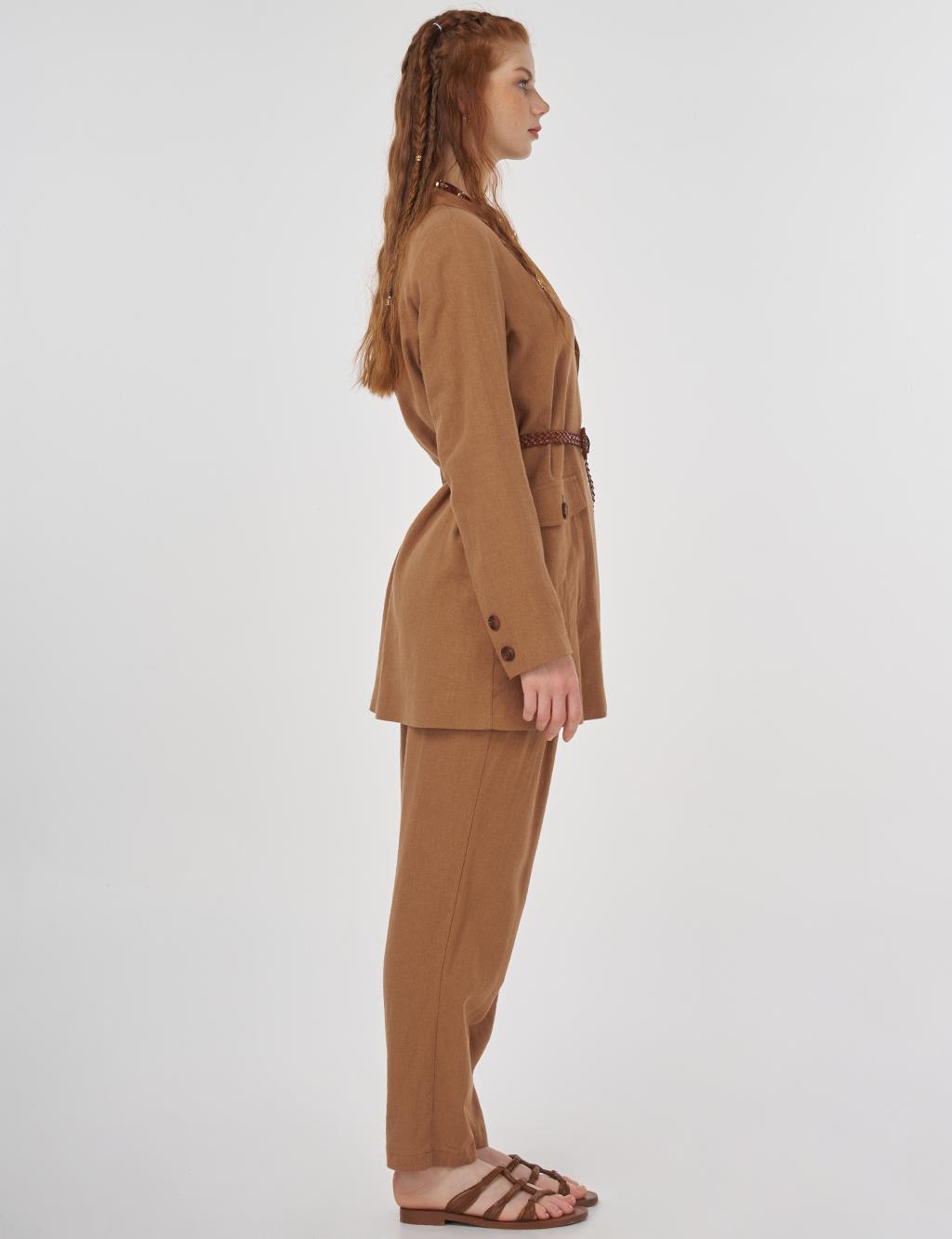 Pocket Detailed Linen-Viscose Two-Piece Set Camel