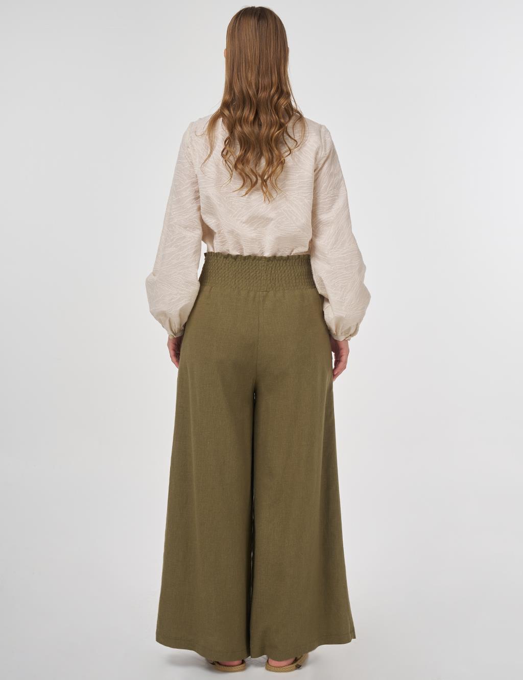 Smocked Stitch Linen-Viscose Pants Khaki 