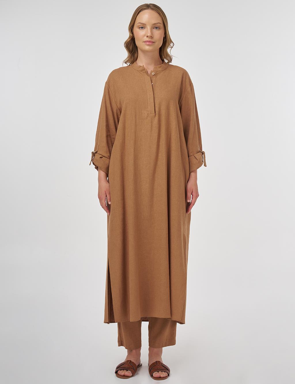 Mandarin Collar Long Linen Viscose Tunic in Camel