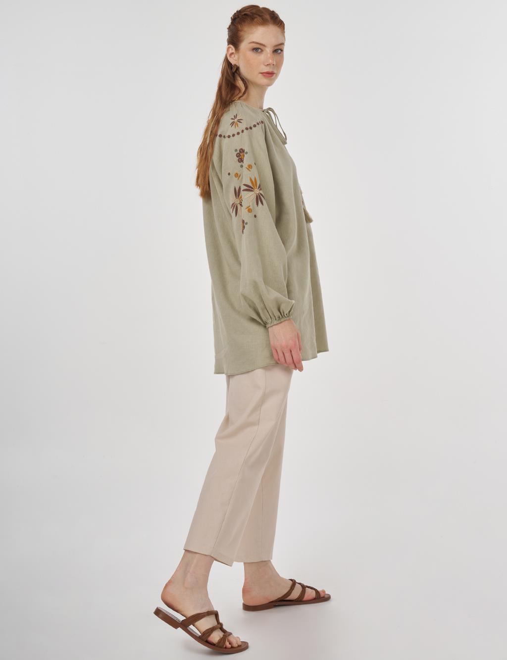 Drawstring Linen Viscose Blouse Mold Green