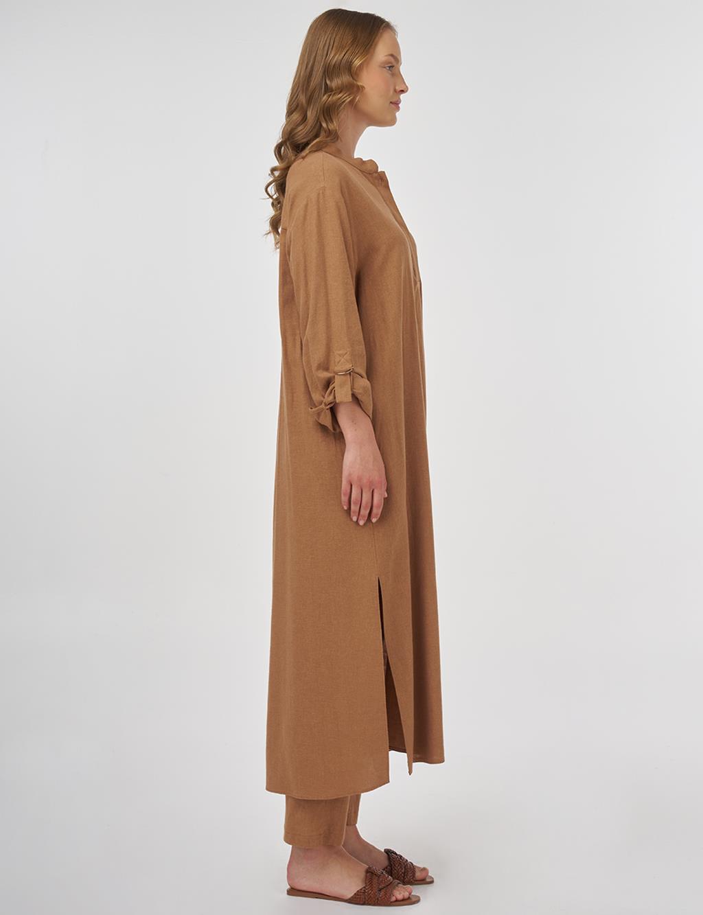 Mandarin Collar Long Linen Viscose Tunic in Camel