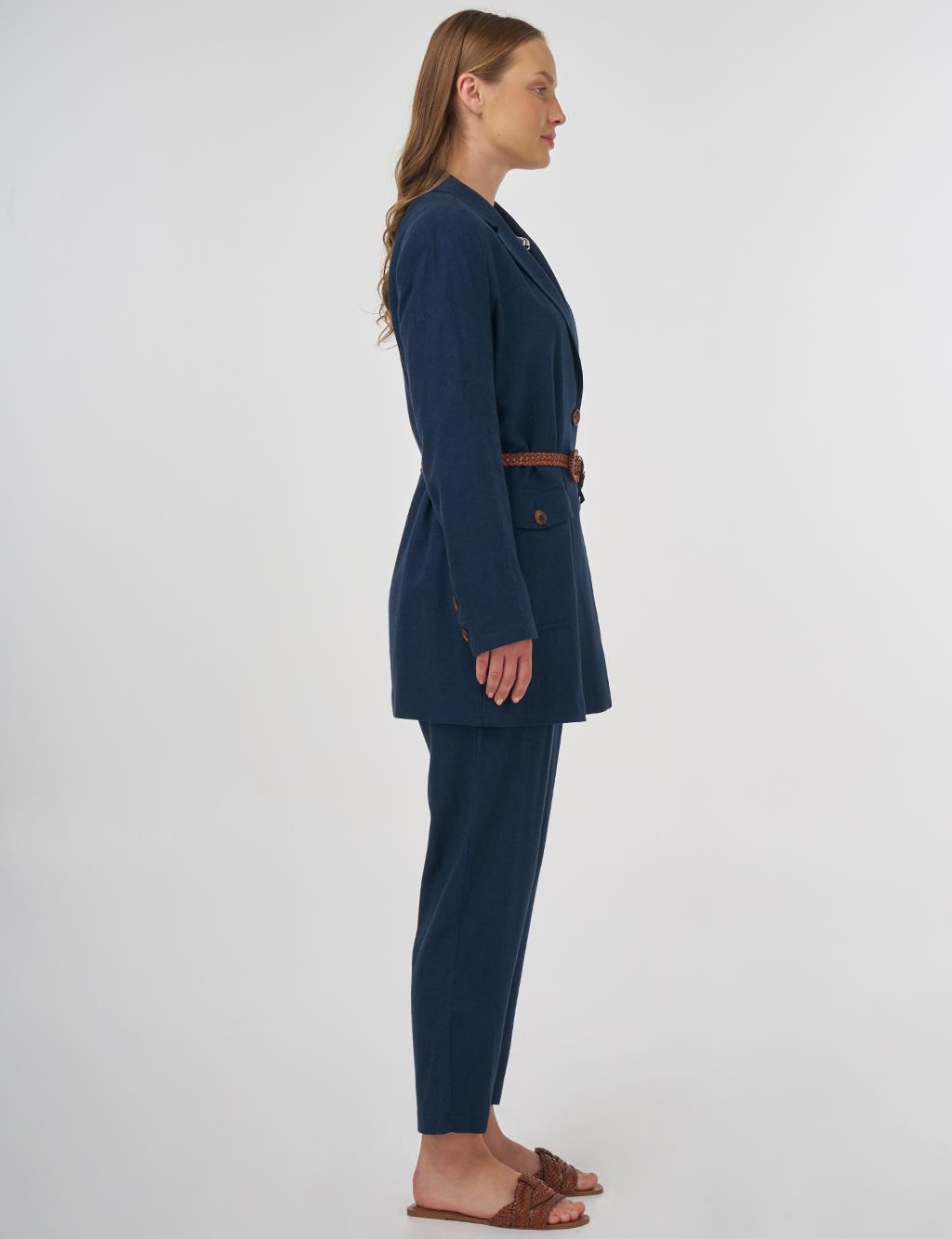 Pocket Detailed Linen-Viscose Two-Piece Set Dark Navy