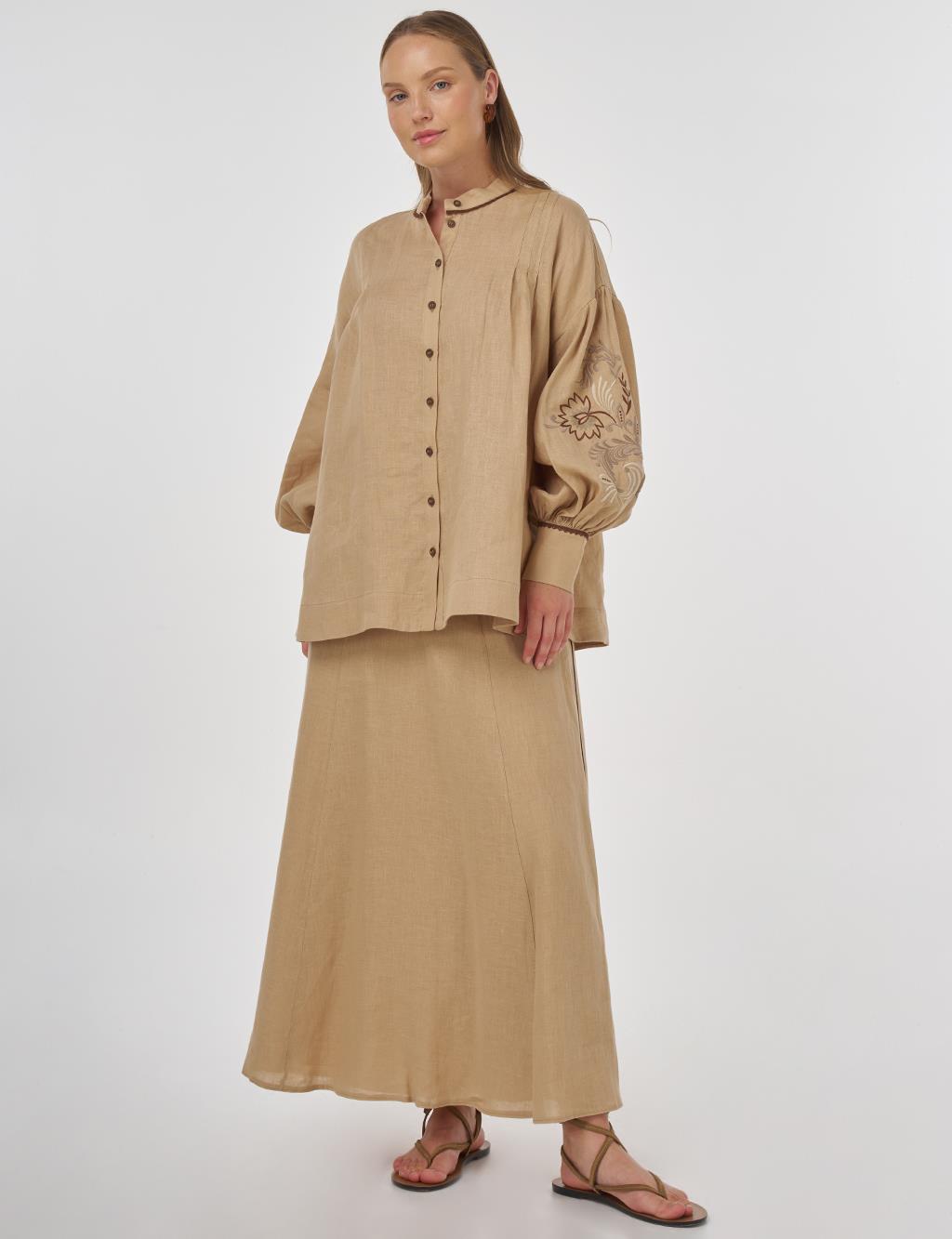 100% Linen Embroidered Two-Piece Set Beige