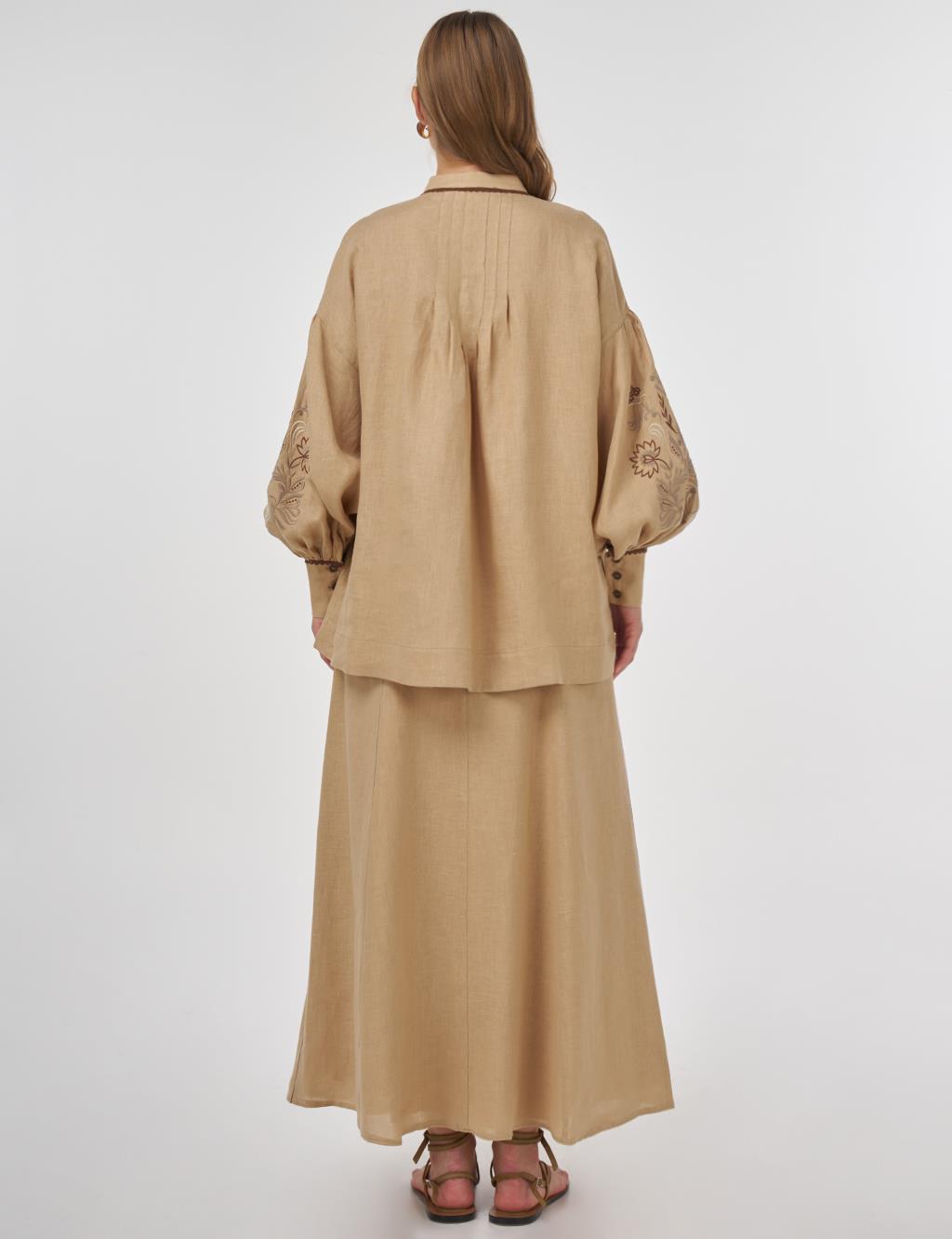 100% Linen Embroidered Two-Piece Set Beige