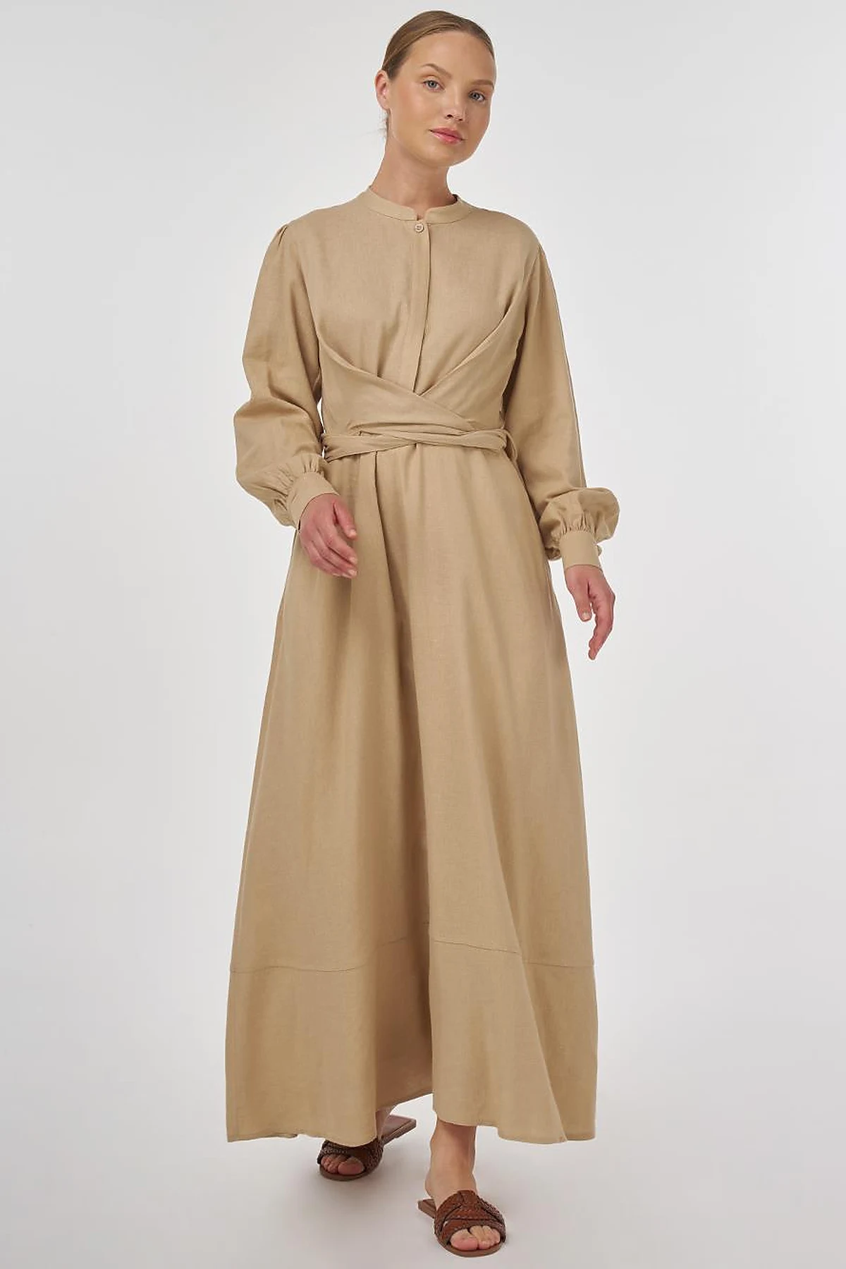Belted Linen Viscose Blend Dress Beige