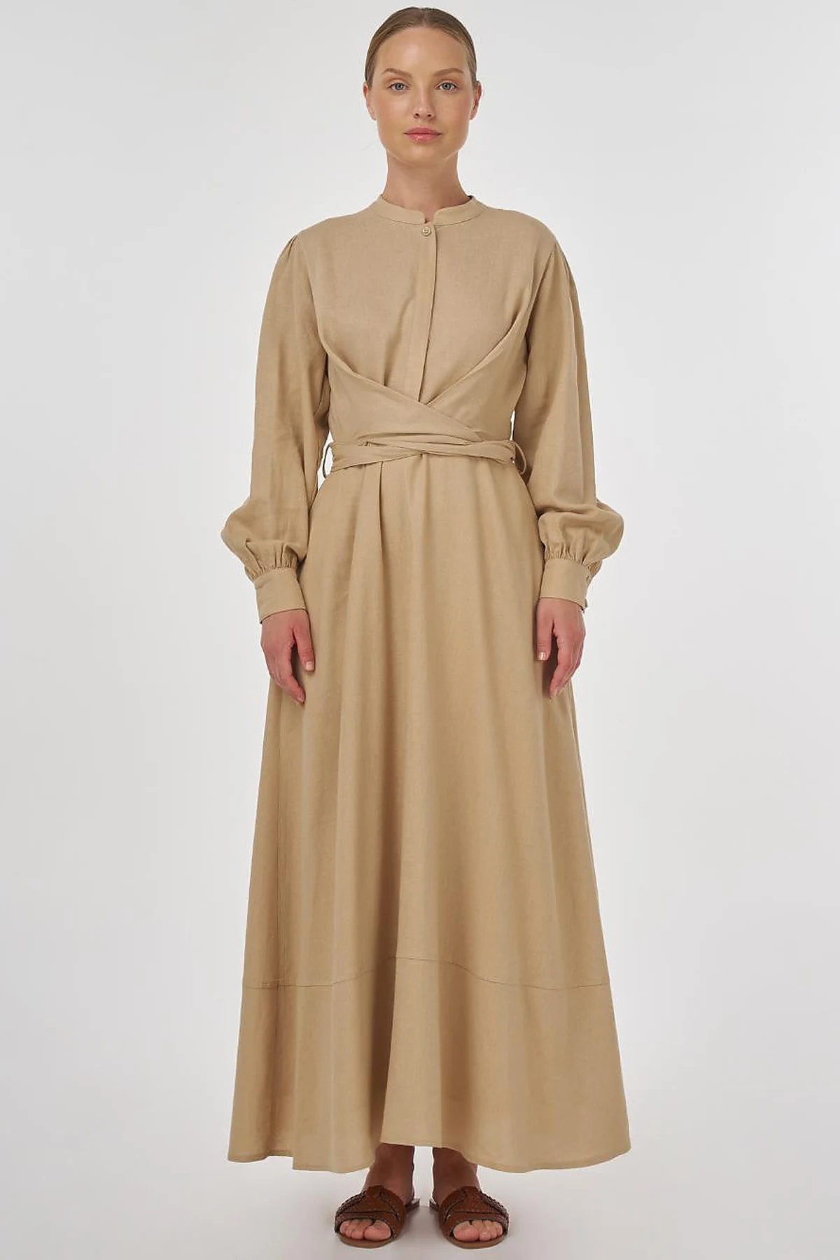 Belted Linen Viscose Blend Dress Beige