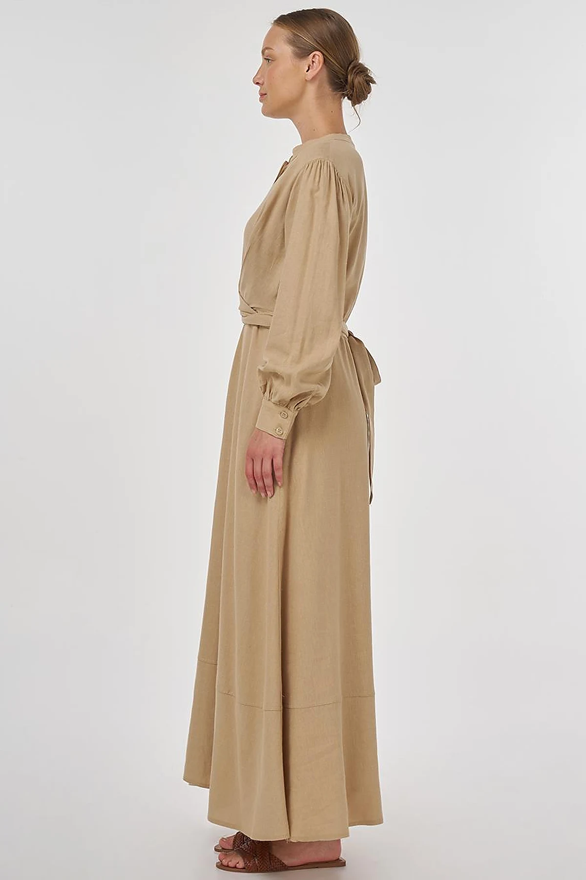 Belted Linen Viscose Blend Dress Beige