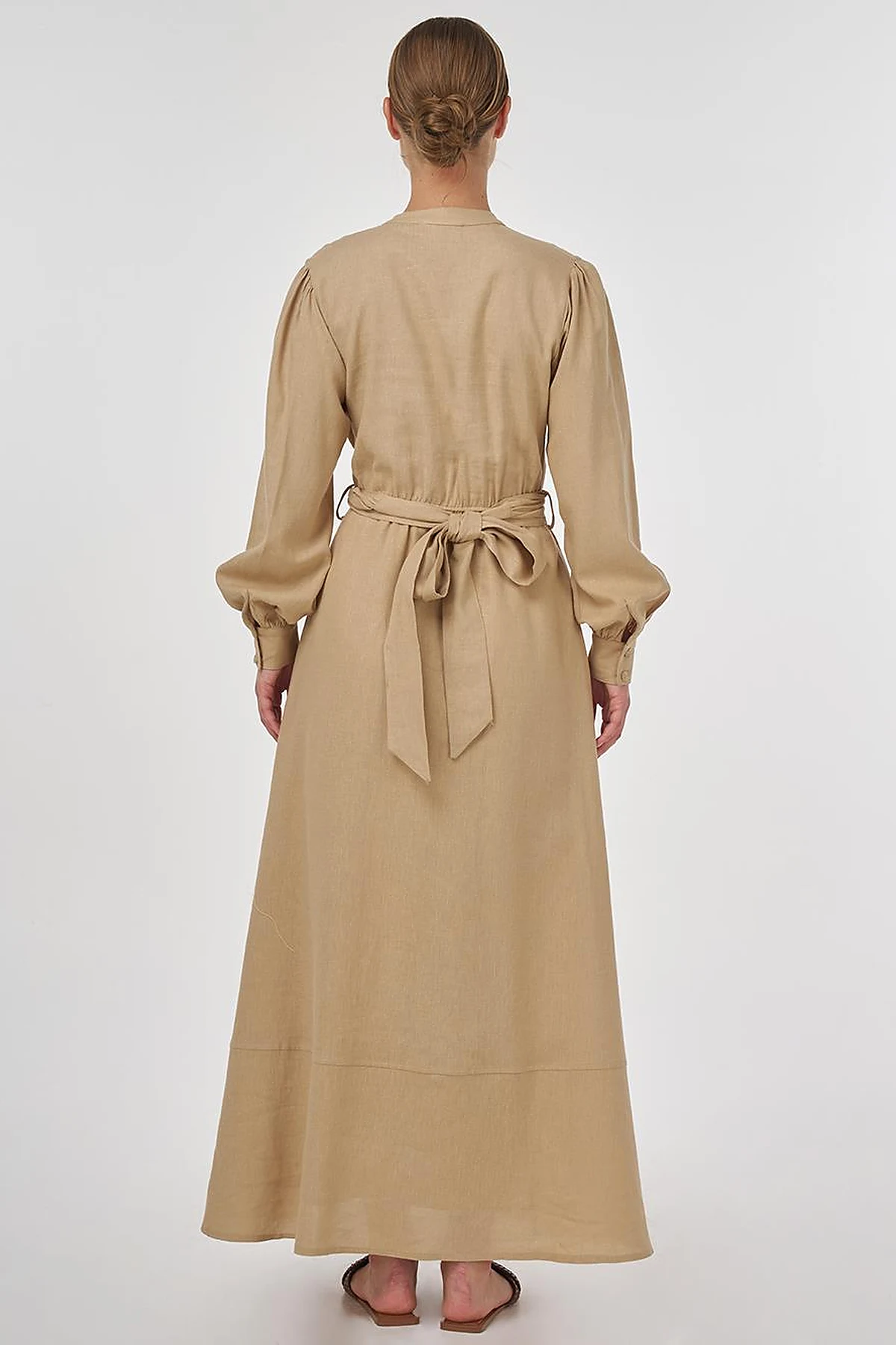 Belted Linen Viscose Blend Dress Beige