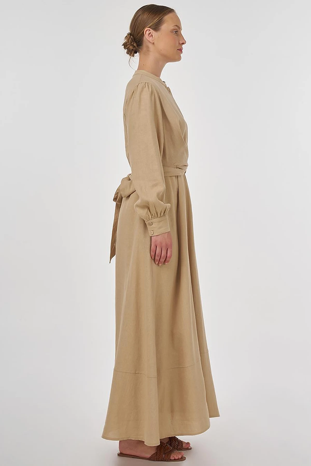 Belted Linen Viscose Blend Dress Beige