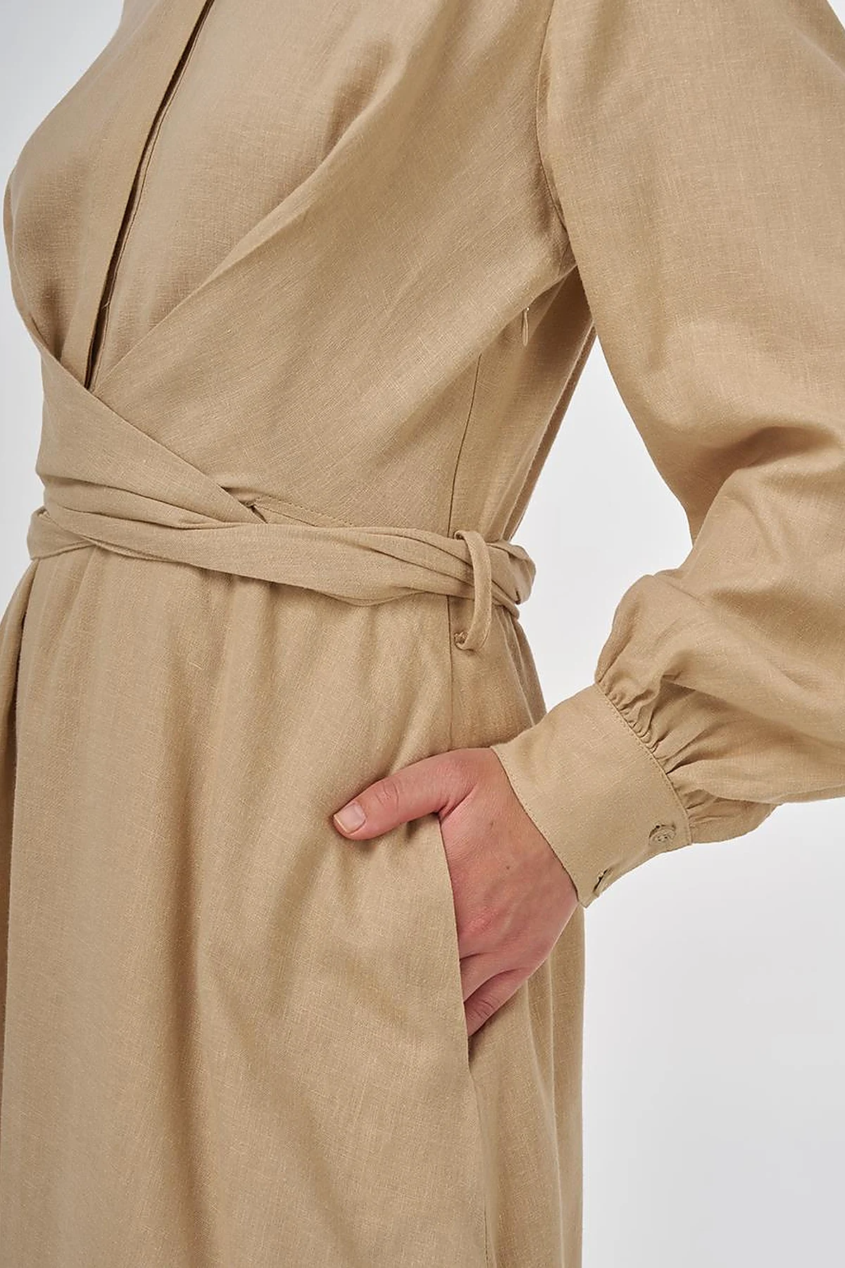 Belted Linen Viscose Blend Dress Beige