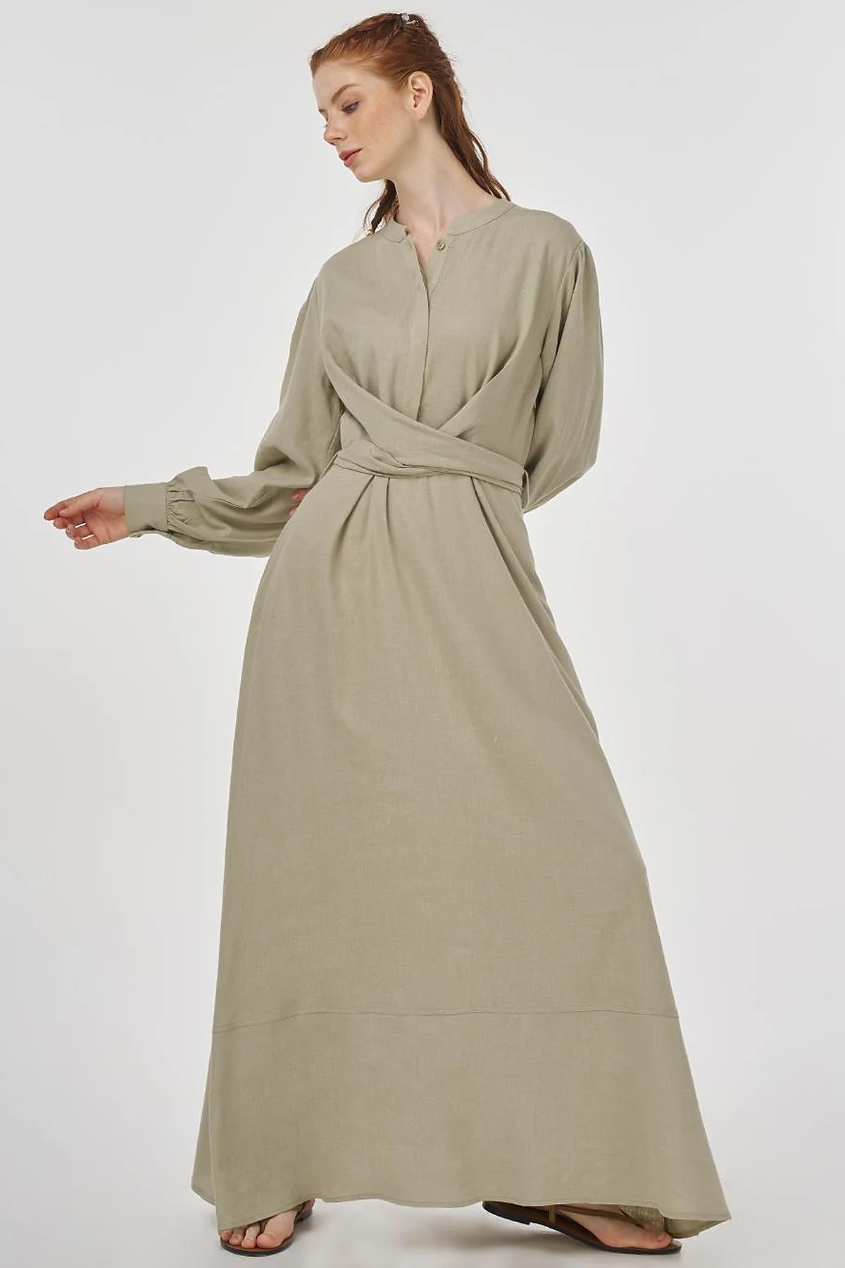 Belted Linen Viscose Blend Dress Moss Green
