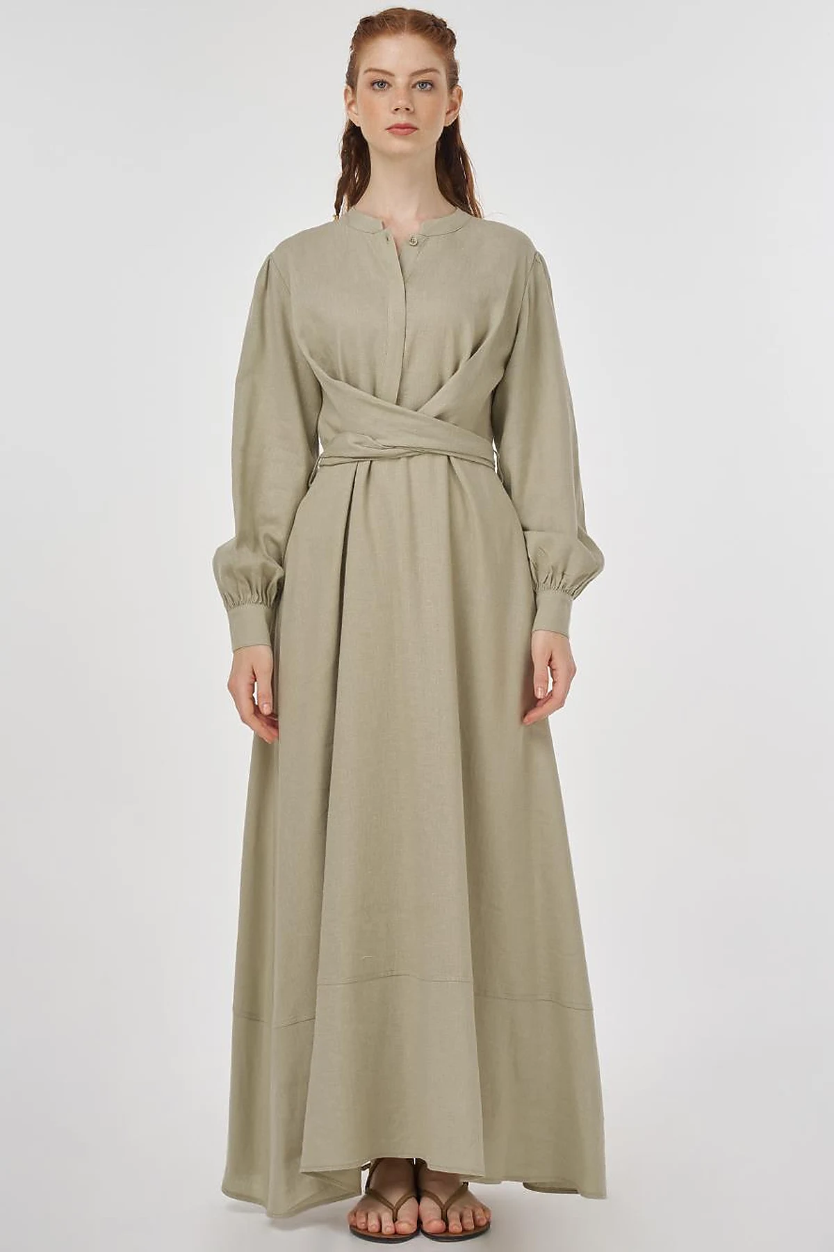 Belted Linen Viscose Blend Dress Moss Green
