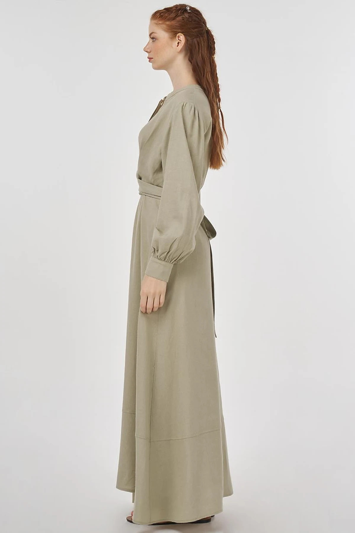 Belted Linen Viscose Blend Dress Moss Green