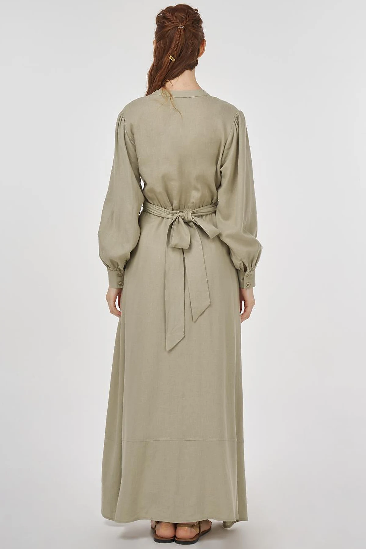 Belted Linen Viscose Blend Dress Moss Green