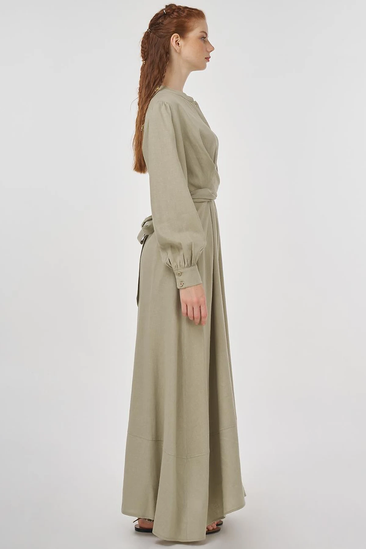 Belted Linen Viscose Blend Dress Moss Green