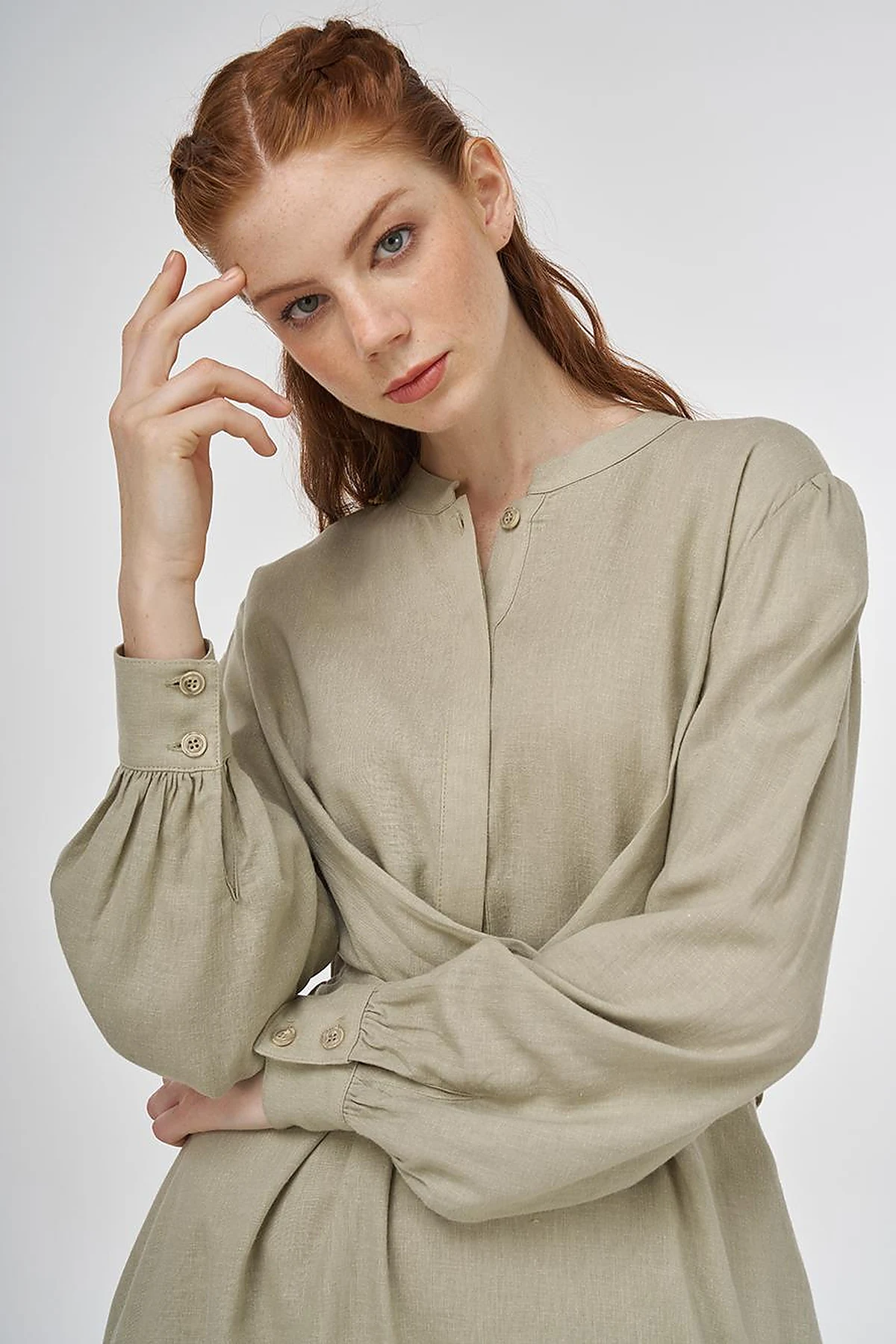 Belted Linen Viscose Blend Dress Moss Green