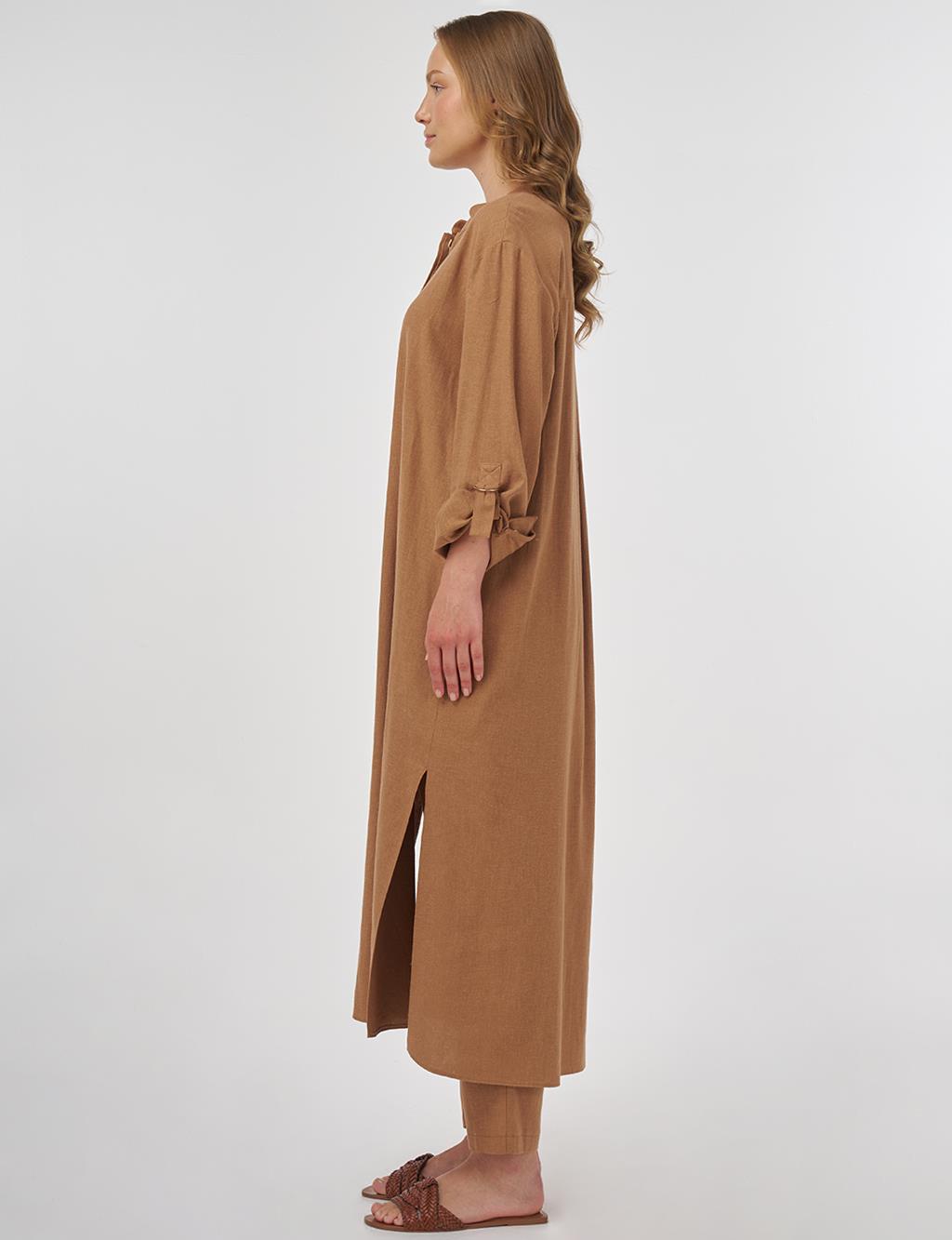 Mandarin Collar Long Linen Viscose Tunic in Camel