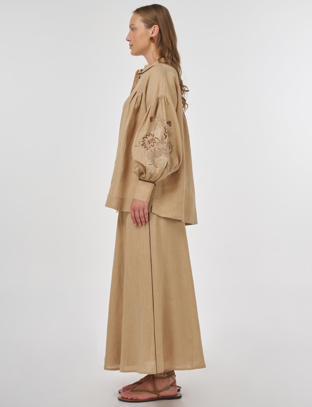 100% Linen Embroidered Two-Piece Set Beige