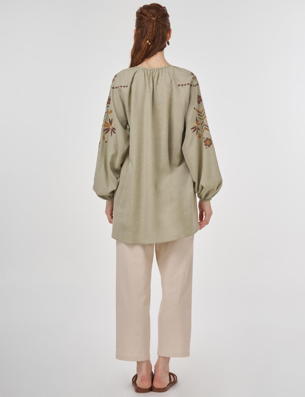 Drawstring Linen Viscose Blouse Mold Green
