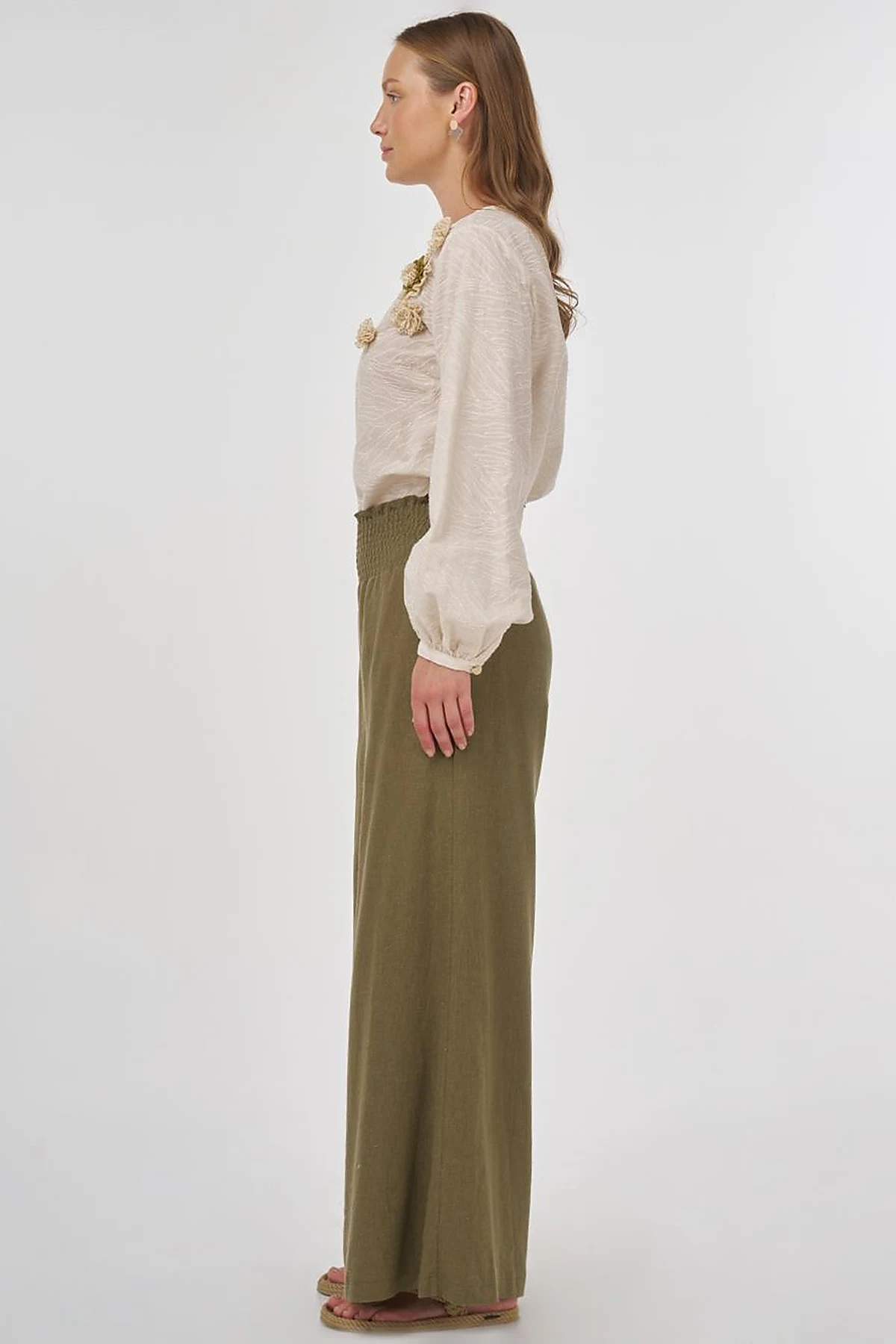Smocked Stitch Linen-Viscose Pants Khaki 