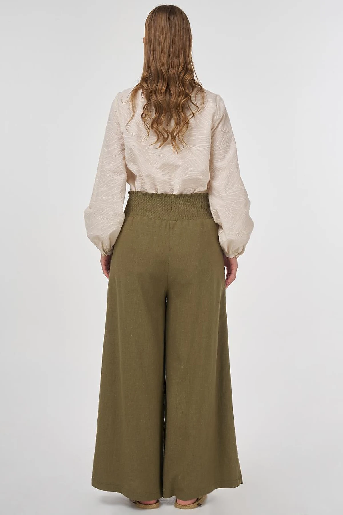 Smocked Stitch Linen-Viscose Pants Khaki 