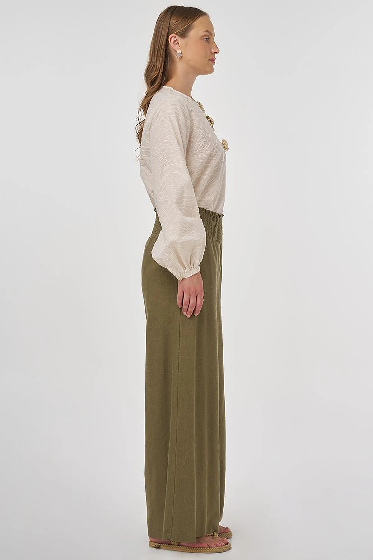 Smocked Stitch Linen-Viscose Pants Khaki 