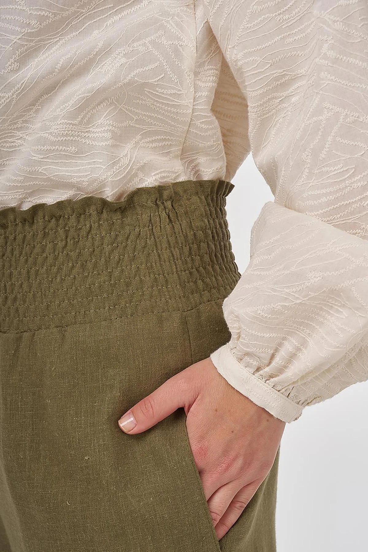 Smocked Stitch Linen-Viscose Pants Khaki 