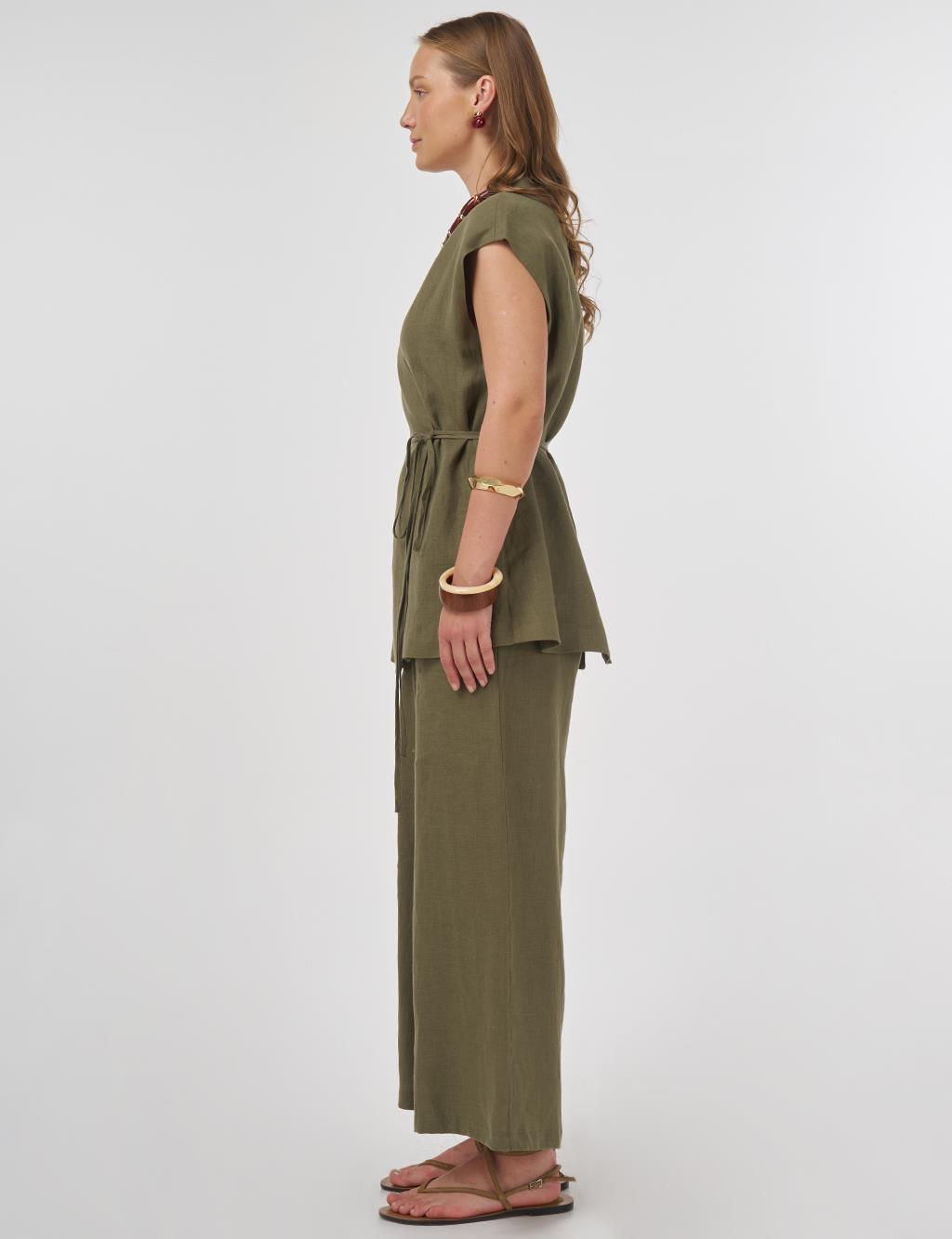 100% Linen Set with Vest Khaki