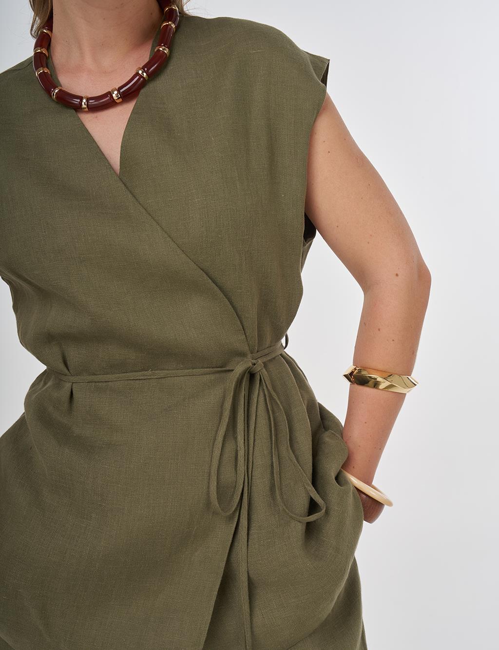 100% Linen Set with Vest Khaki