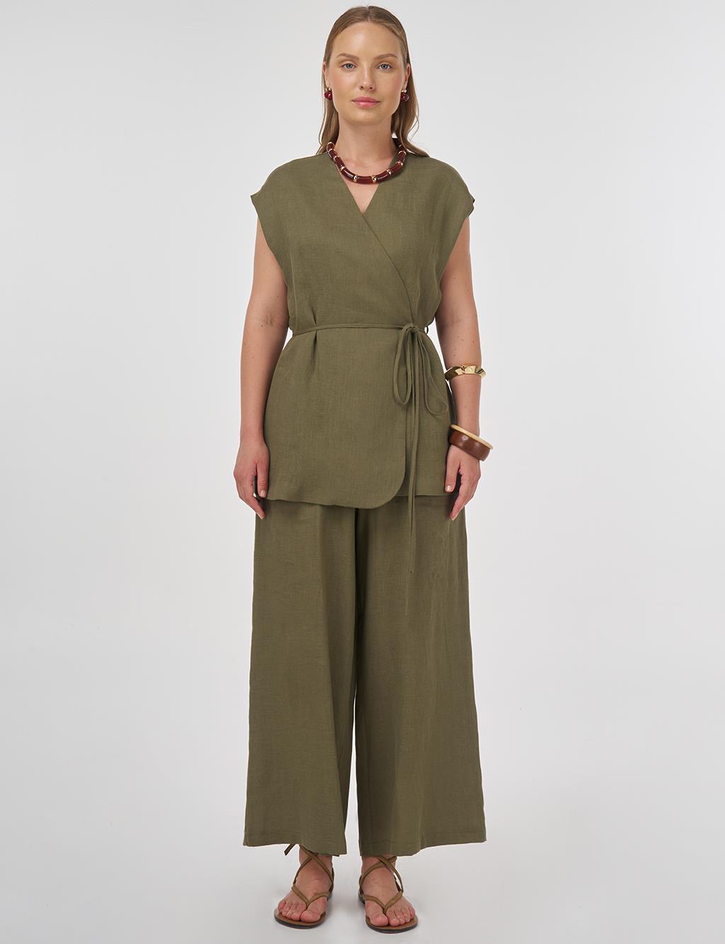 100% Linen Set with Vest Khaki