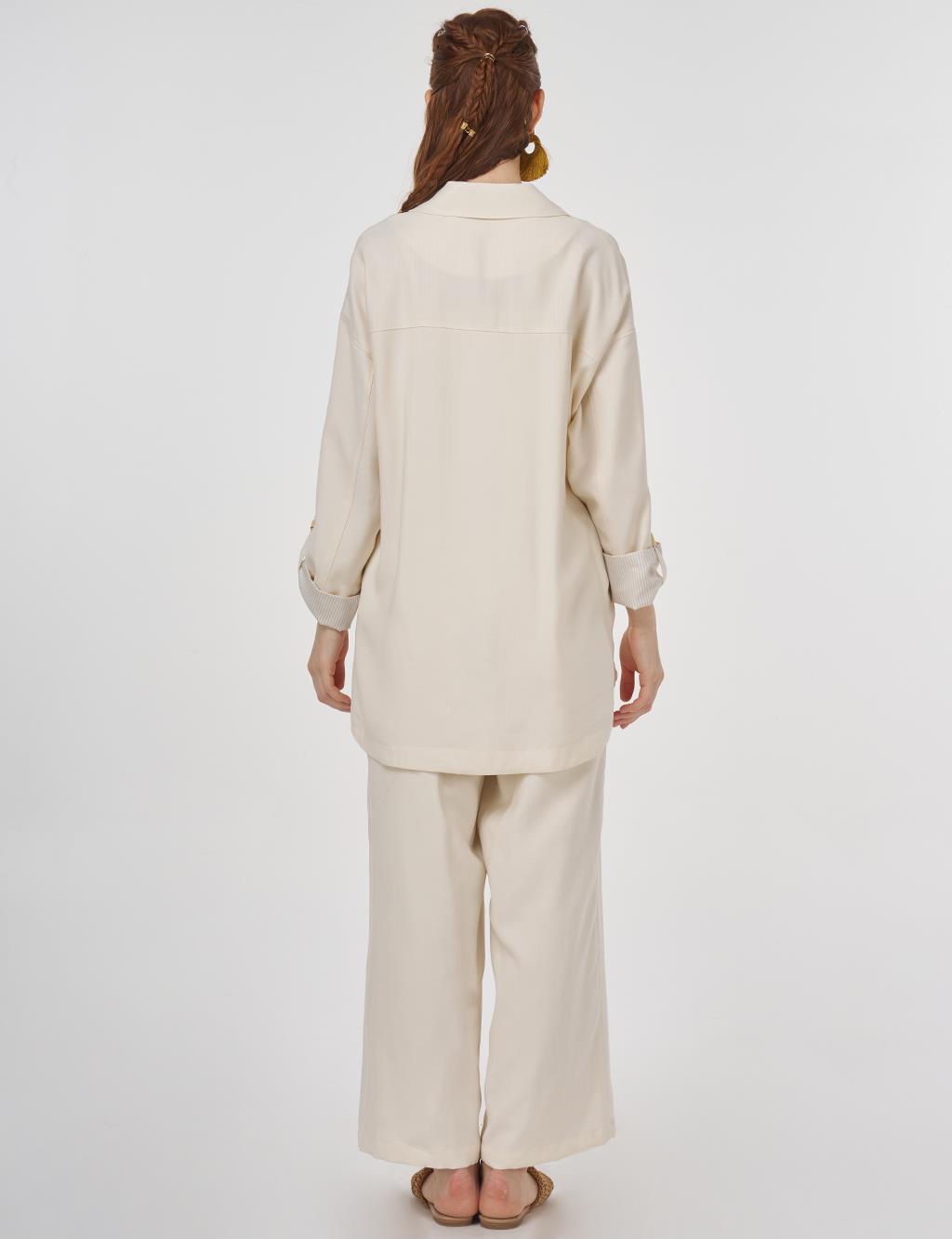 Button-Detail Rayon Two-Piece Set Ecru