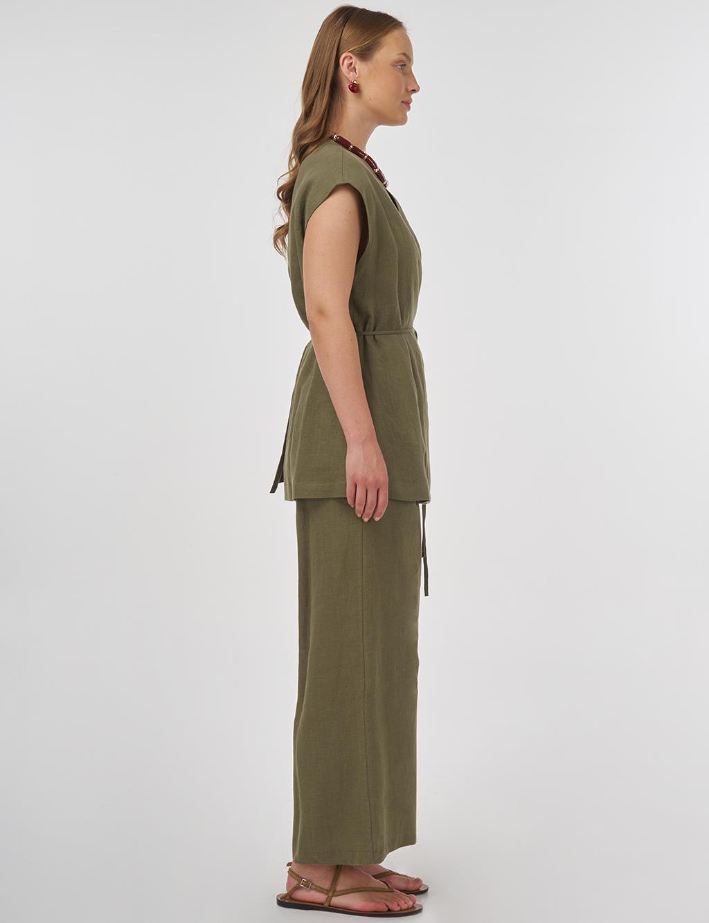 100% Linen Set with Vest Khaki