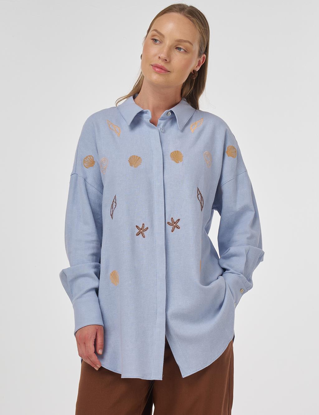 Linen-Blend Embroidered Tunic in Crown Blue
