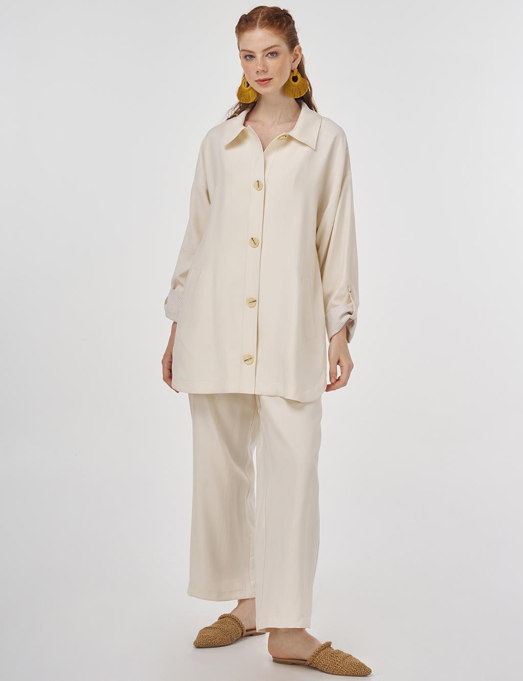 Button-Detail Rayon Two-Piece Set Ecru