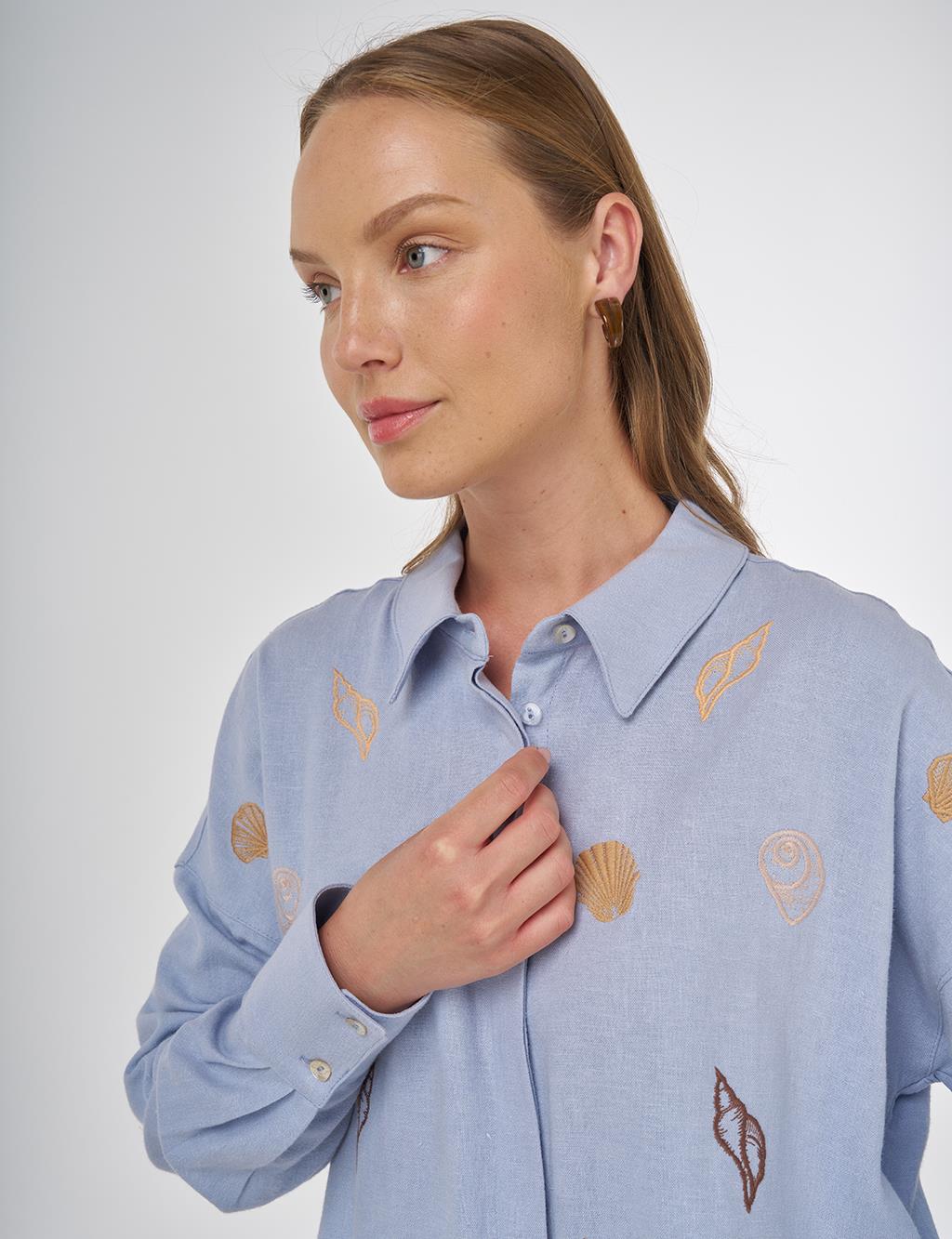 Linen-Blend Embroidered Tunic in Crown Blue