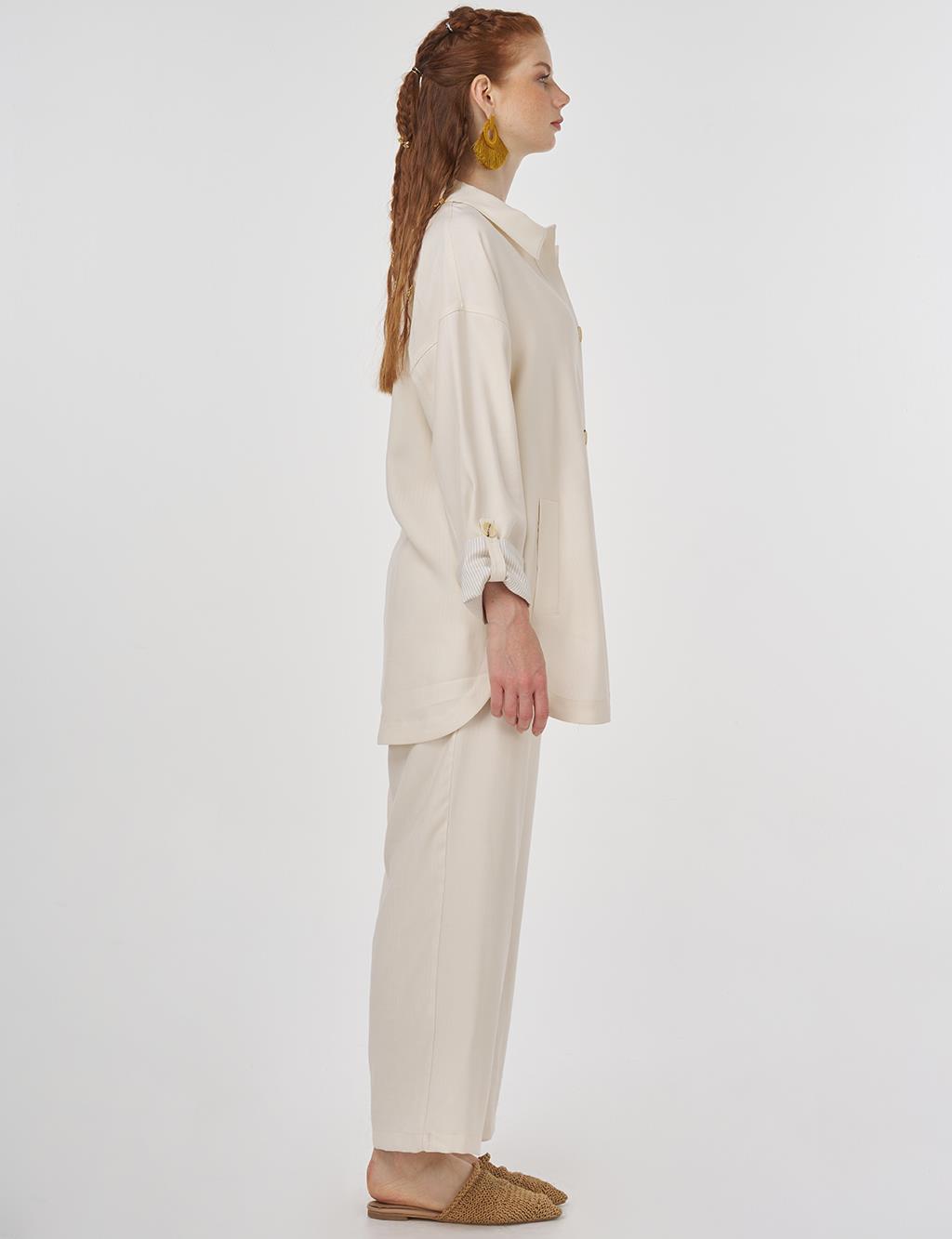 Button-Detail Rayon Two-Piece Set Ecru
