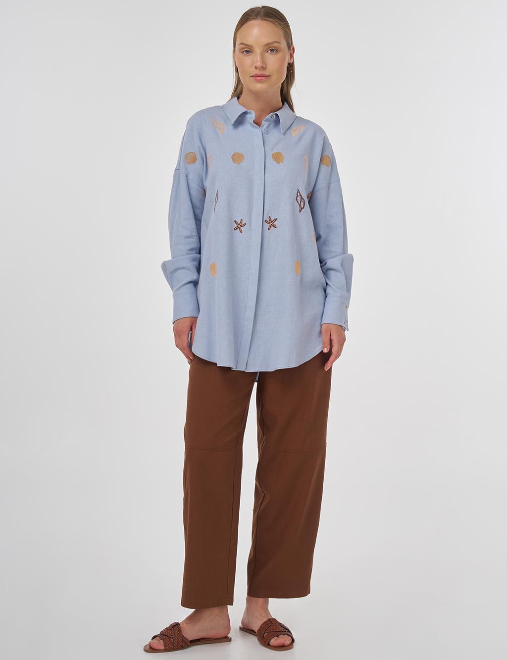Linen-Blend Embroidered Tunic in Crown Blue