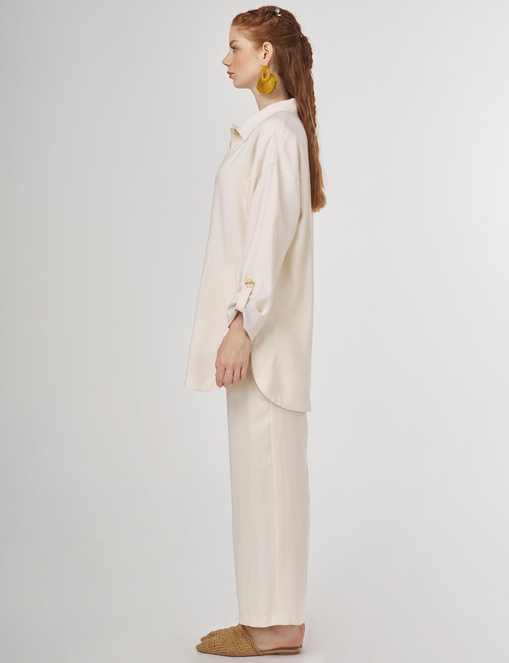 Button-Detail Rayon Two-Piece Set Ecru