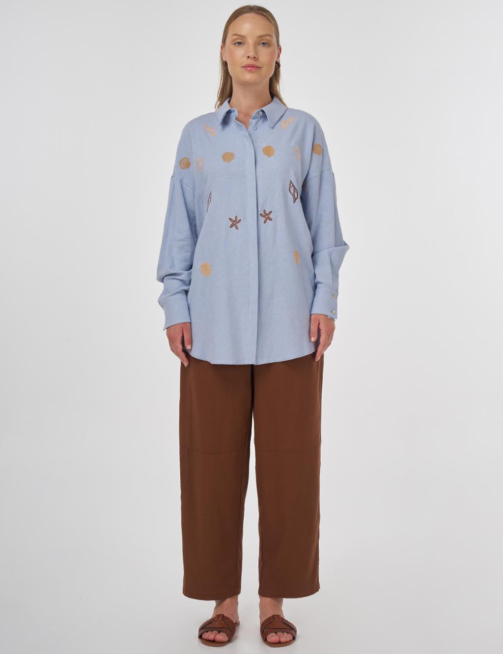 Linen-Blend Embroidered Tunic in Crown Blue
