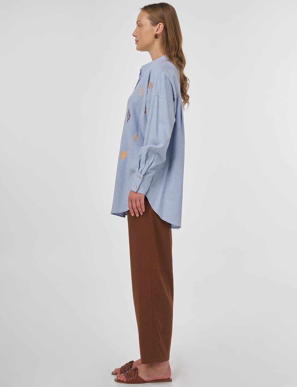 Linen-Blend Embroidered Tunic in Crown Blue