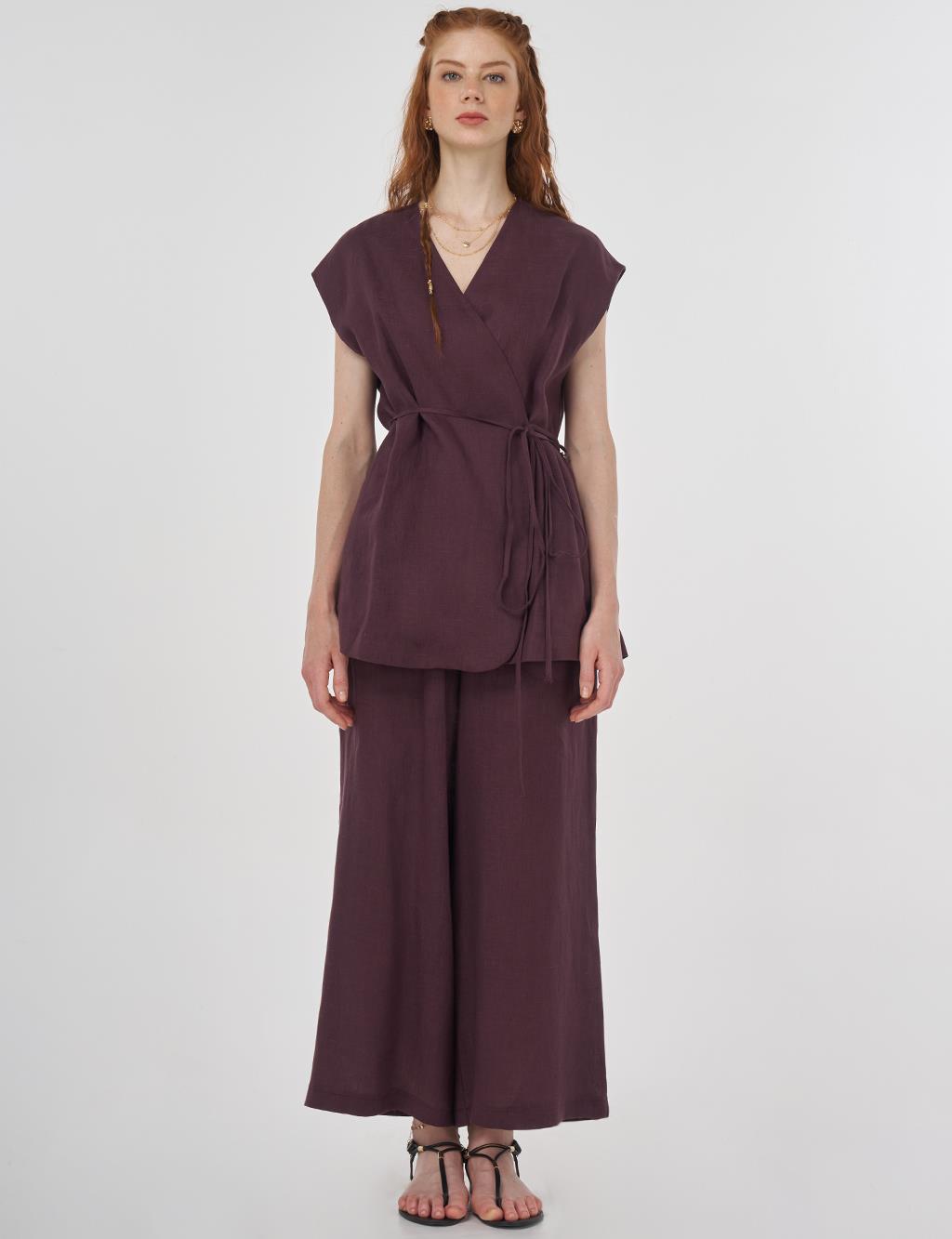 100% Linen Set with Vest Burgundy