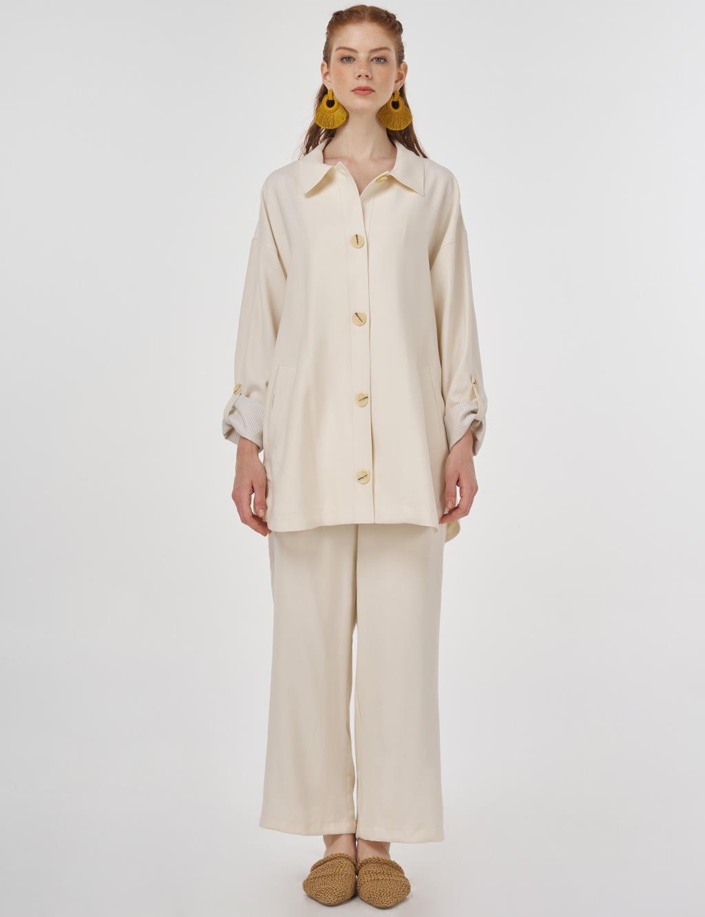 Button-Detail Rayon Two-Piece Set Ecru