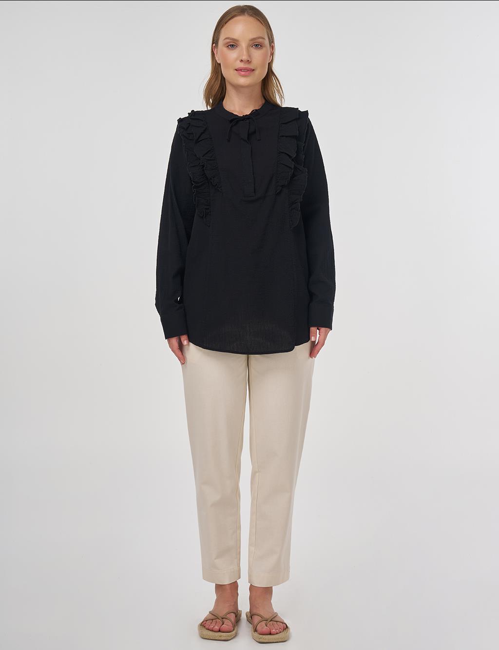Ruffled Detail Cotton Tunic Poppy Black