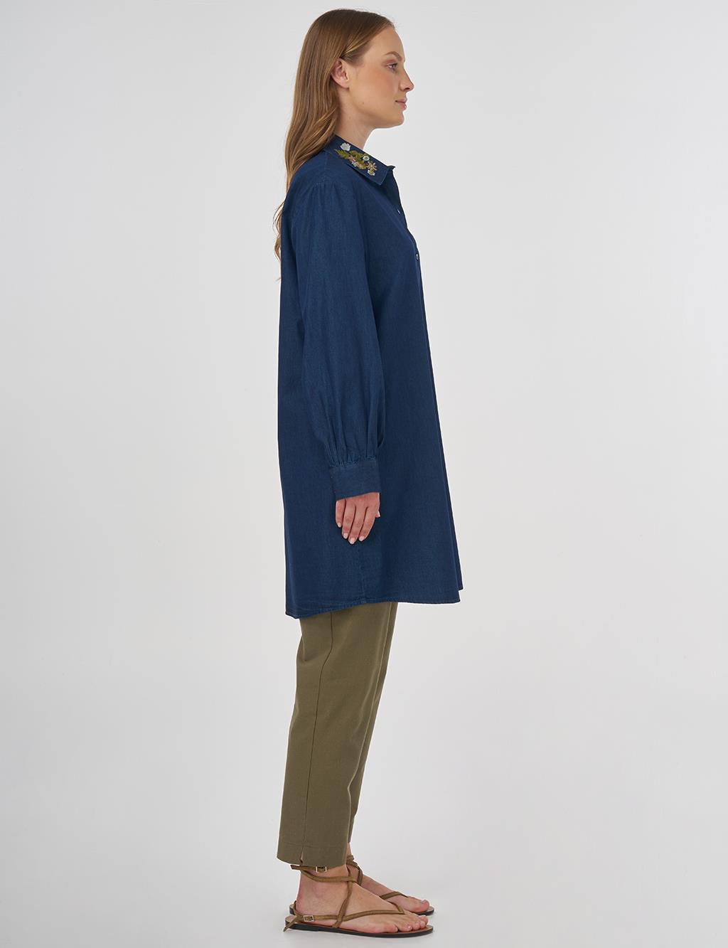 Embroidered Collar Cotton Tunic Navy 