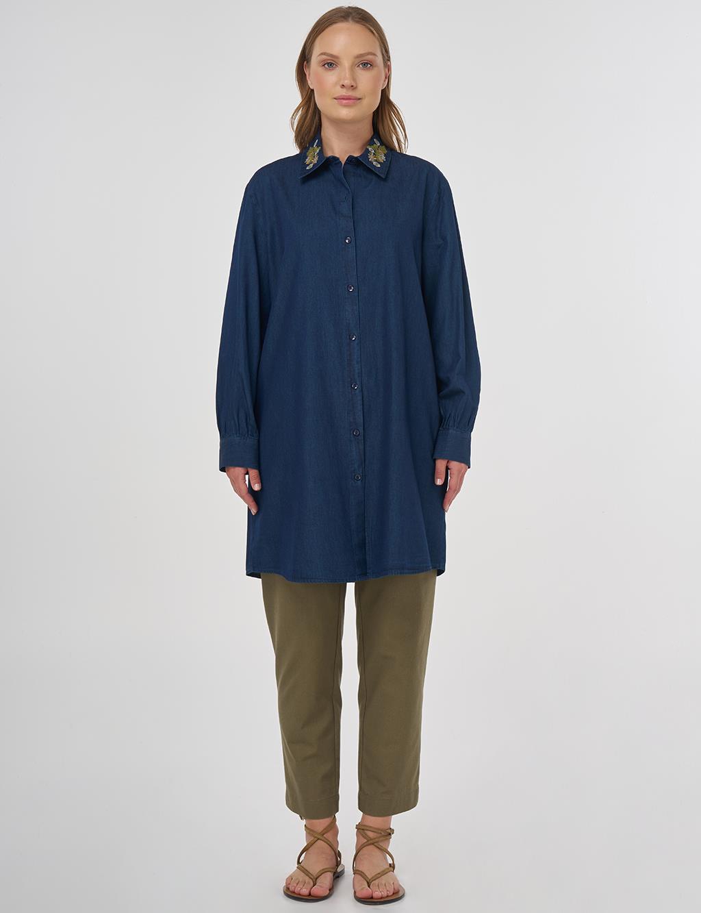 Embroidered Collar Cotton Tunic Navy 