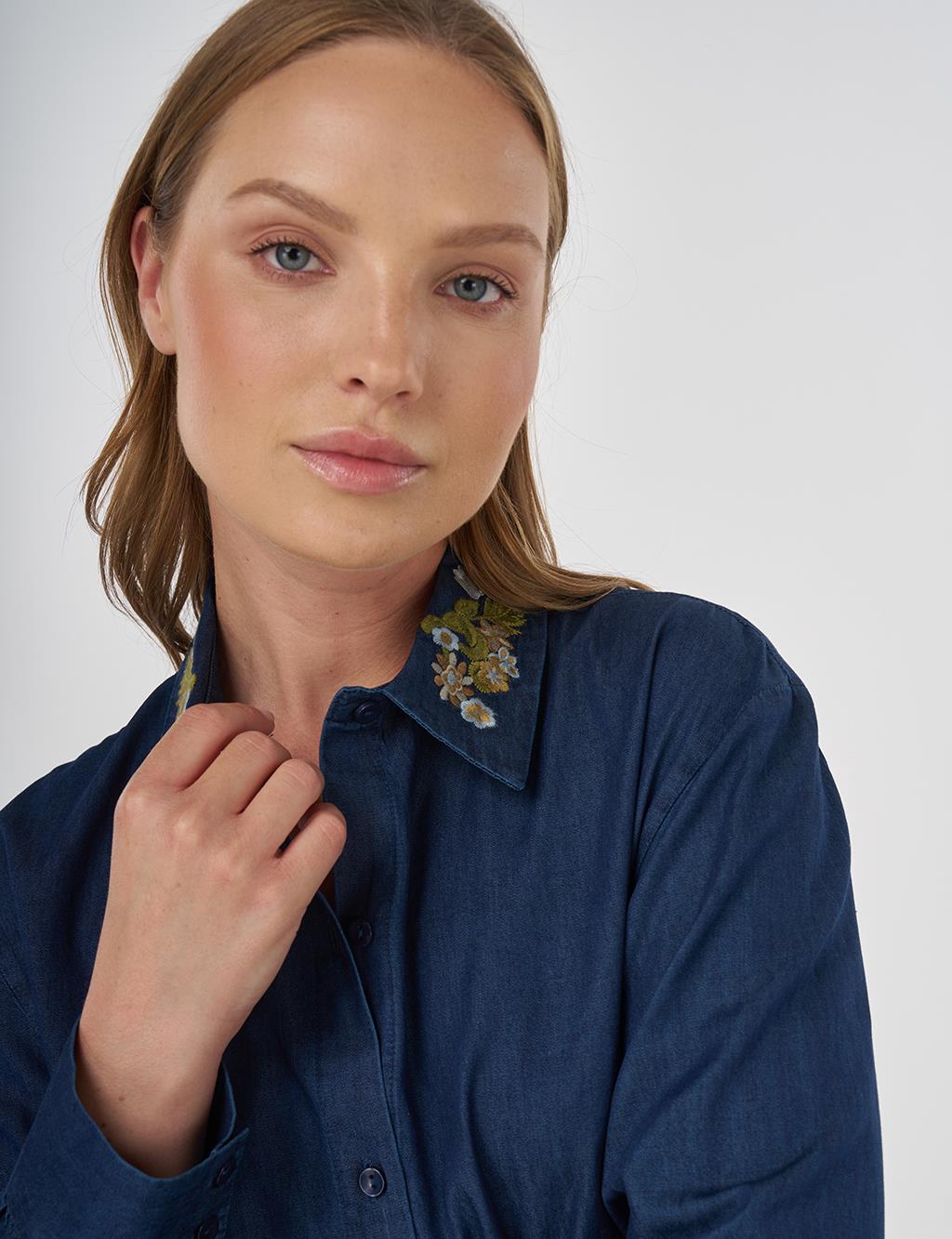 Embroidered Collar Cotton Tunic Navy 
