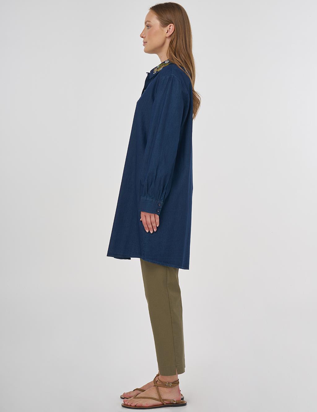 Embroidered Collar Cotton Tunic Navy 