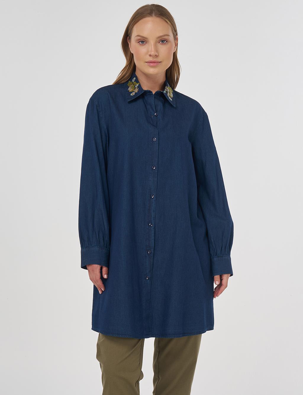 Embroidered Collar Cotton Tunic Navy 